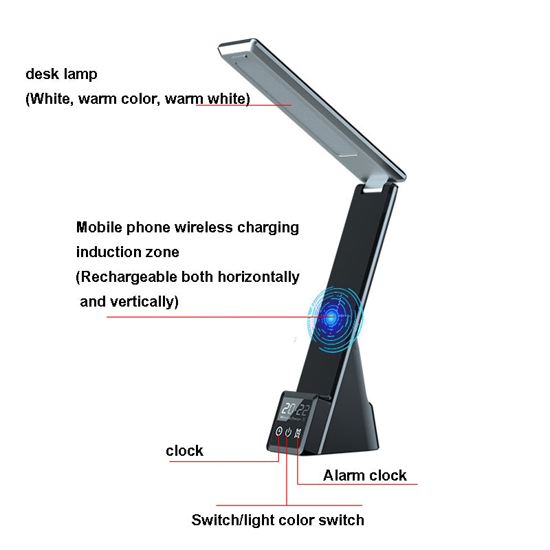 3 in 1 Wireless Charger Folding Eye Protection Desk Lamp with Clock & Alarm Function